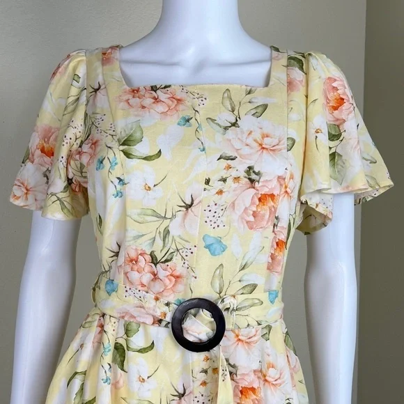 Code By Lifestyle Women’s Size 12 Yellow Floral Linen Cotton Fit & Flare Dress - Picture 15 of 16